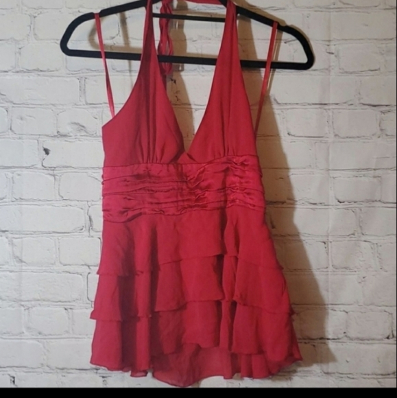 BCBGMaxazria Red Halter Top with Tiered Ruffles - Picture 3 of 9